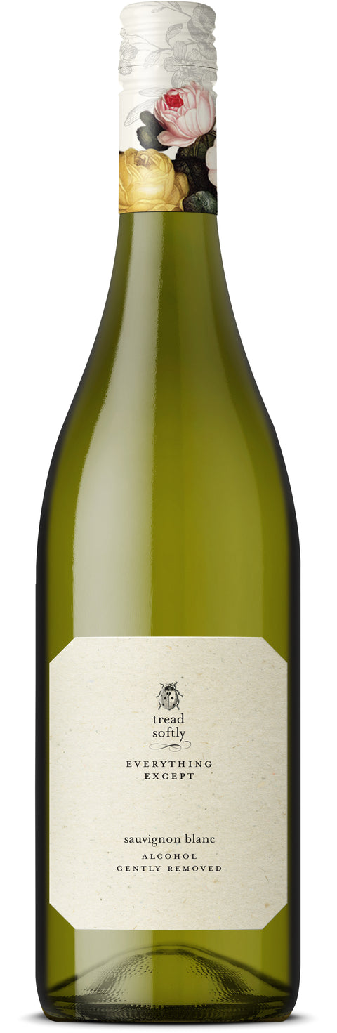 A bottle of Tread Softly Everything Except non-alcoholic Sauvignon Blanc white wine with a label that includes the brand name and 'Australian Wine'.